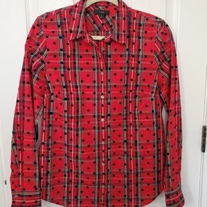 J. Crew Red Plaid Velvet Polka Dots Women's Cotton Shirt